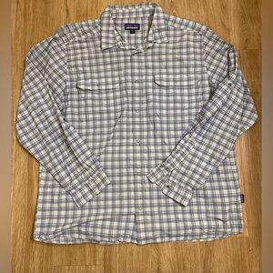 Patagonia Men’s Light Blue and White Plaid Button-Down Shirt